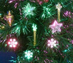 close look of tree fiber optic ornaments